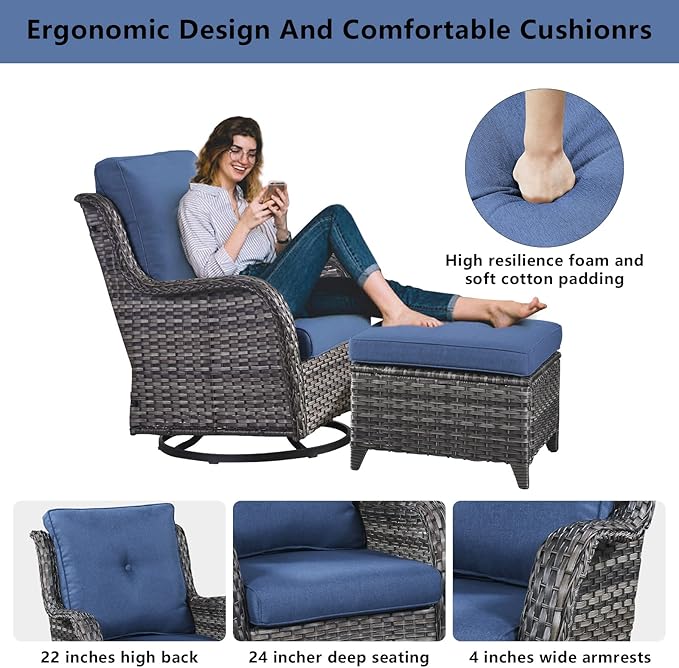 4 Pieces Patio Furniture Sets, Wicker Patio Swivel Glider Chair with Ottomans, Outdoor Furniture Set for Outside Porch, Deck, Balcony, Garden-VerdiqueGarden