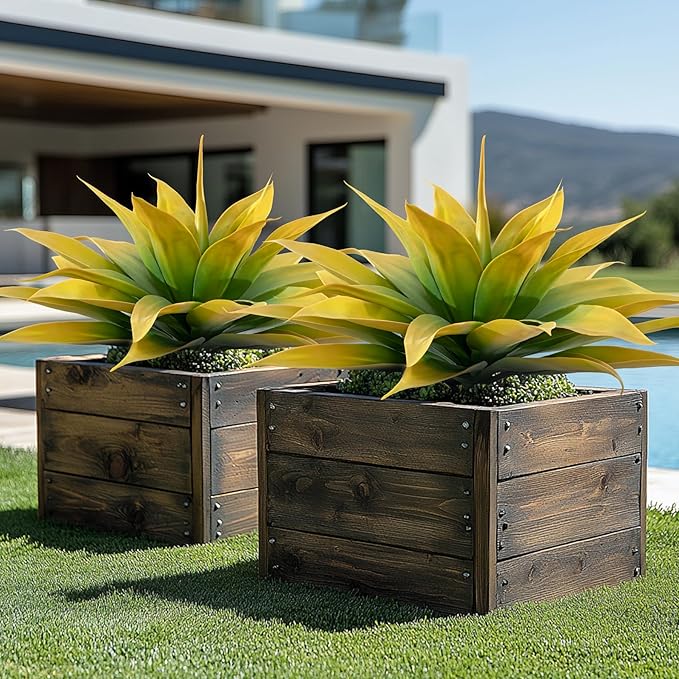 Artificial Plants Outdoor Faux Plant,Artificial Agave Faux Hostas Outdoor Uv Resistant Artificial Plants Indoor Fake Plant Artificial Agave Plant Indoor(2pcs, 28") Yellow-VerdiqueGarden