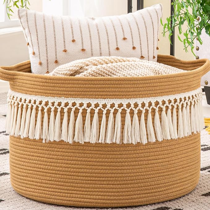 KAKAMAY Large Blanket Basket (20"x13"),Woven Baskets for storage Baby Laundry Hamper, Cotton Rope Blanket Basket for Living Room, Laundry, Nursery, Pillows, Baby Toy chest (Brown Fringe)-VerdiqueGarden