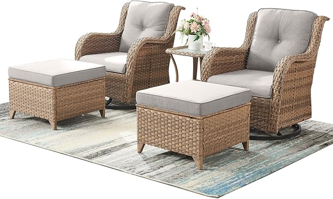 Outdoor Wicker Patio Furniture Set - 5 Pieces Rattan Patio Conversation Set with 2 Rocking Swivel Chairs,2 Ottomans and 1 Side Table for Porch Deck Backyard Garden(Yellow/Beige)-VerdiqueGarden