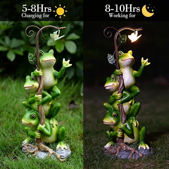 Frog Figurine Garden Decor, Solar Resin Frogs Outdoor Statue, Funny Frog Gift Sculpture Decoration for Home Patio Yard Lawn Porch Ornament-VerdiqueGarden
