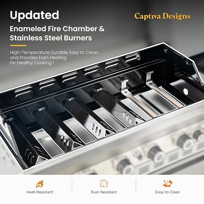 Captiva Designs 6-Burner Propane Gas BBQ Grill with Side Burner & Porcelain-Enameled Cast Iron Grate and Plate for Outdoor Barbucue Events, 52,000 BTU Output,740 SQ.IN. Cooking Area，Heavy Duty-VerdiqueGarden
