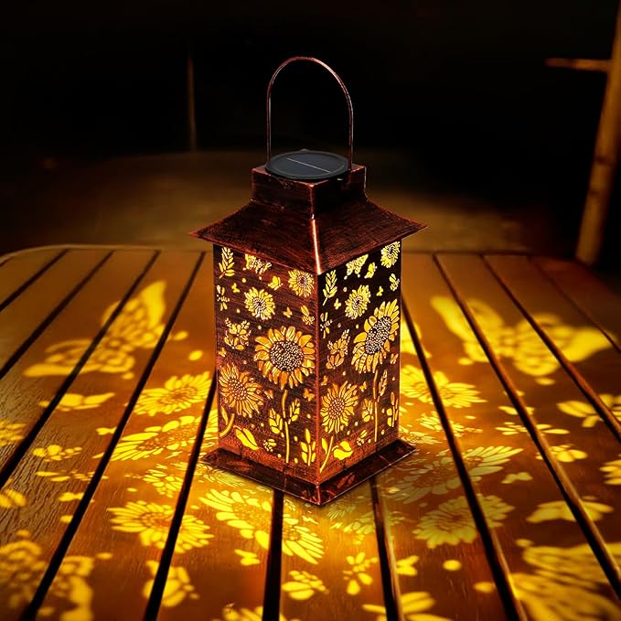 Homemory Sunflower Solar Lanterns Waterproof, Metal Hanging Hollowed-Out Metal Decor Lantern, LED Outdoor Decoration for Outside LED Lanternse for Yard, Backyard, Porch, Lawn-VerdiqueGarden