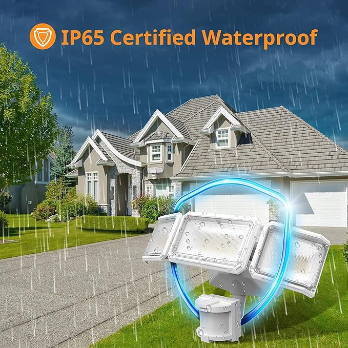 LEPOWER Battery Powered LED Flood Light Outdoor,1500LM Motion Sensor Security Lights, IP65 Waterproof,Wireless Flood Light Battery Operated,3 Head Motion Detector Light for Garage,Yard,Porch(White)-VerdiqueGarden