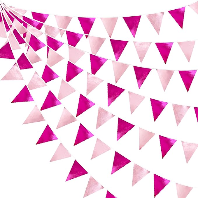 Hot Pink Party Decorations Metallic Fabric Gradient Pink Triangle Pennant Banner Flag Bunting Garland for Women Girl Birthday Retirement Bridal Shower Wedding Baby Shower Bachelorette Party Supplies-VerdiqueGarden