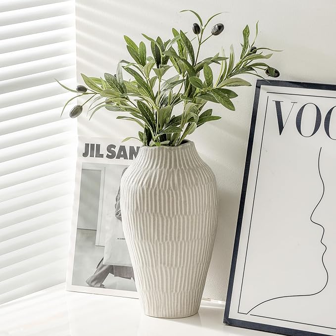 Ceramic Vase for Home Decor,11.6 Inch Flower Vases,Decorative Blue Vase for Pampas Grass,Modern Art Texture Vases for Home Entryway Living Room Dining Table Farmhouse Office Decor(Grey)-VerdiqueGarden