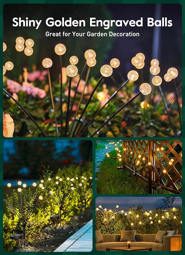 Solar Garden Lights - 4 Pack 12 LED Crystal Solar Firefly Lights with 2 Lighting Mode, Sway by Wind, Waterproof Solar Decorative Lights, Solar Outdoor Lights for Yard Walkway Decoration, Warm White-VerdiqueGarden