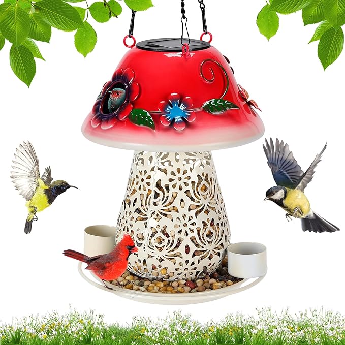 Mushroom Solar Bird Feeders for Outdoors Hanging Metal Wild Bird Feeder Garden Lantern with S Hook for Garden Decoration red-VerdiqueGarden