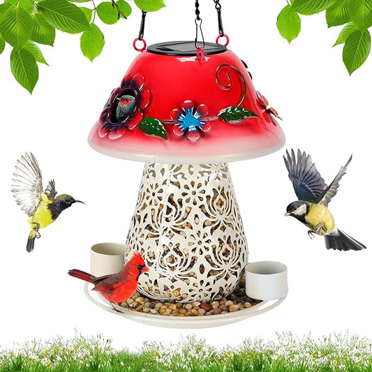 Mushroom Solar Bird Feeders for Outdoors Hanging Metal Wild Bird Feeder Garden Lantern with S Hook for Garden Decoration red-VerdiqueGarden