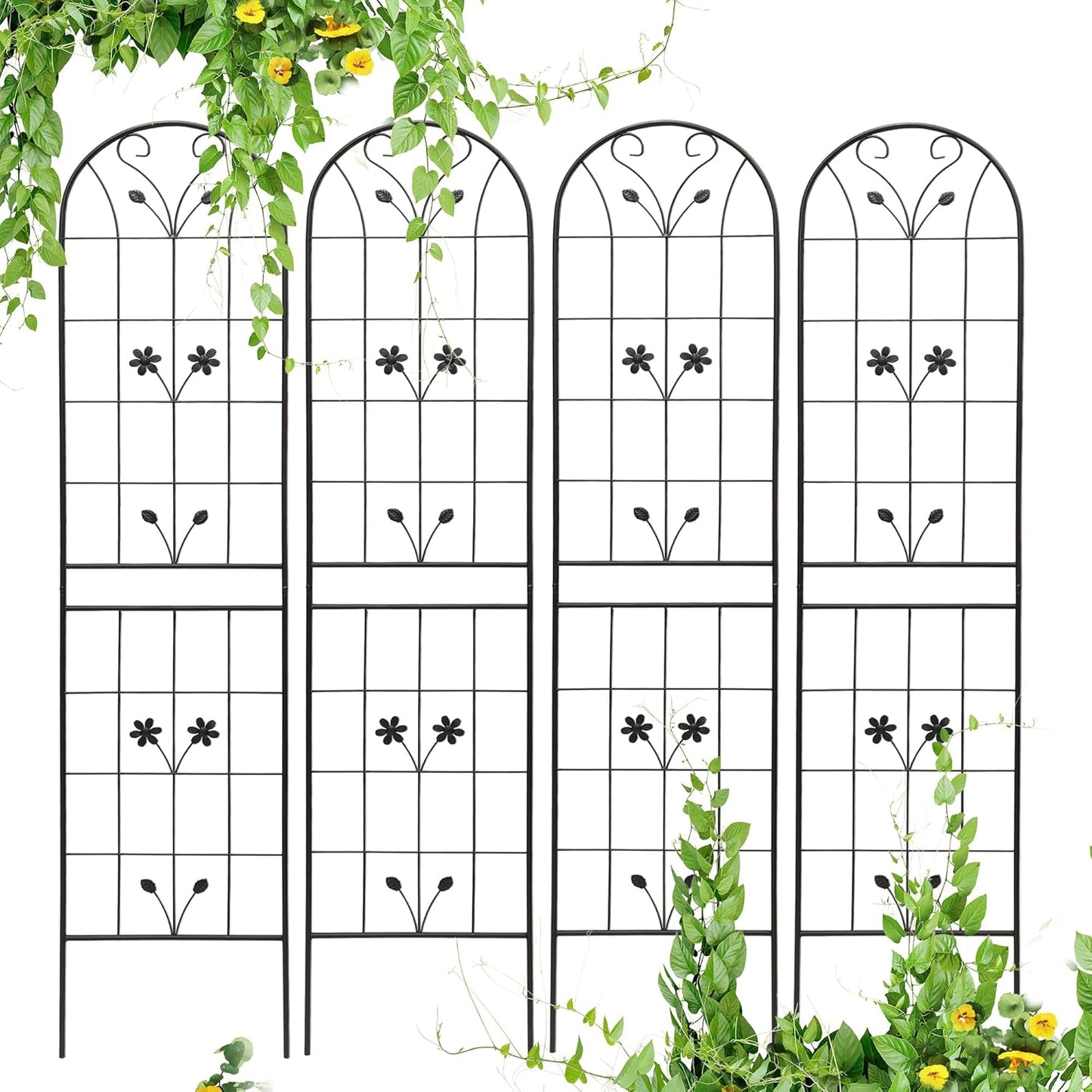 4 Pack Metal Garden Trellis 86.7" Tall Outdoor Climbing Plant Support for Roses, Flowers, Rustproof Durable Black Galvanized Tube, Lawn Garden Fence Decor Screen (4, Daisy-86.7" H)-VerdiqueGarden