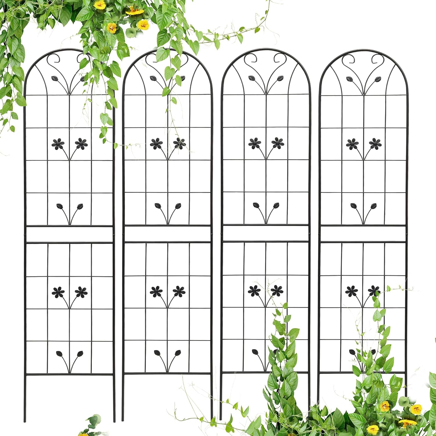 4 Pack Metal Garden Trellis 86.7" Tall Outdoor Climbing Plant Support for Roses, Flowers, Rustproof Durable Black Galvanized Tube, Lawn Garden Fence Decor Screen (4, Daisy-86.7" H)-VerdiqueGarden
