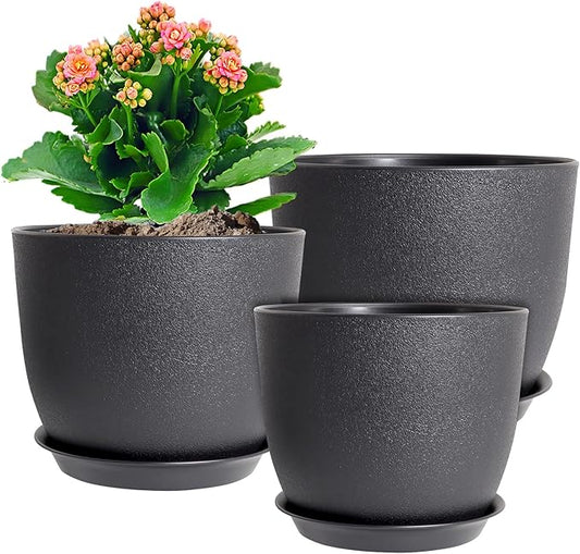10/9/8 inch Medium Plant Pots, 3 Pack Modern Decorative Plastic Planters with Drainage Holes and Saucers, Flower Pots for Indoor Outdoor Plants, Black-VerdiqueGarden