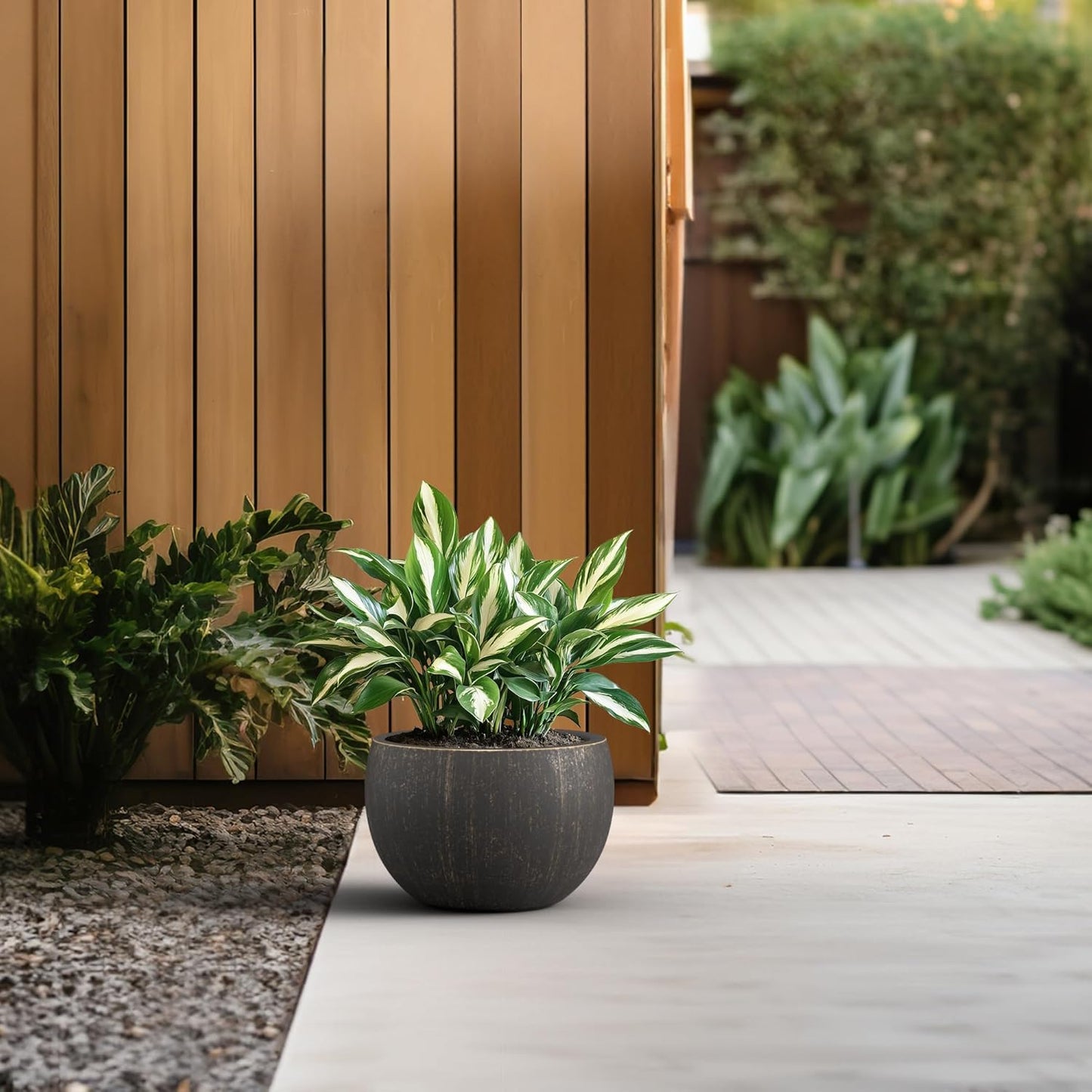 Kante 19.9" Dia Round Concrete Planter, Outdoor/Indoor Large Bowl Plant Pots with Drainage Hole and Rubber Plug for Garden Patio Balcony Home, Oil Rubbed Bronze-VerdiqueGarden