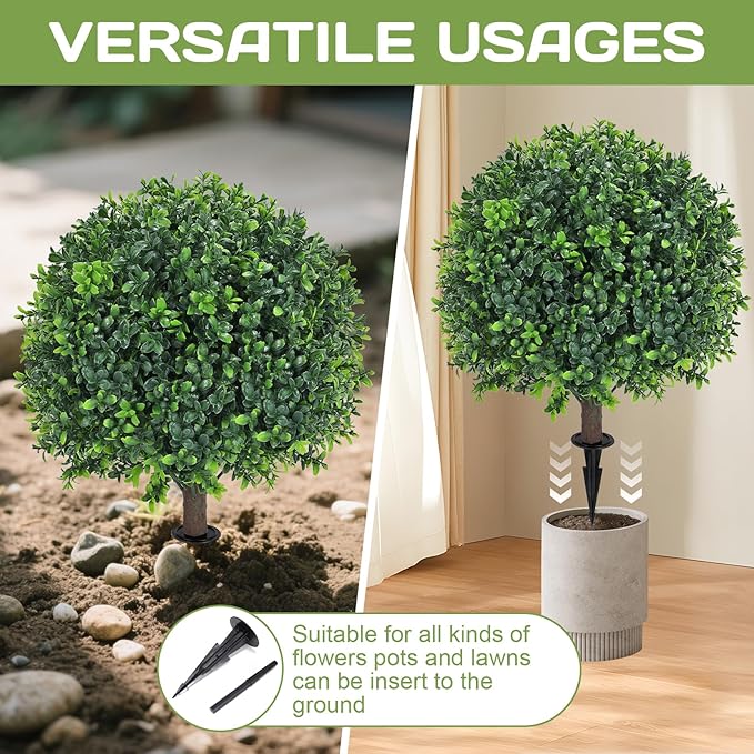 Artificial Boxwood Topiary Ball Tree 24" with Ground Spike, Set of 2 Artificial Boxwood Bushes for Faux Shrubs, Fake Evergreen Faux Plant for Indoor Outdoor Porch Garden- UV Resistant – Fade-Proof-VerdiqueGarden