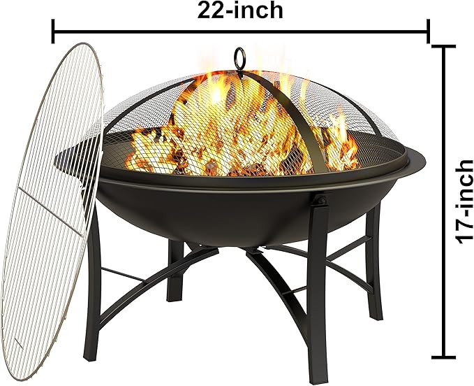 Fire Beauty Fire Pit for Outside Wood Burning,BBQ Grill Steel Fire Bowl with Cooking Grate,Spark Screen Cover,Log Grate,Poker for Camping Beach Bonfire Picnic Backyard Garden-VerdiqueGarden