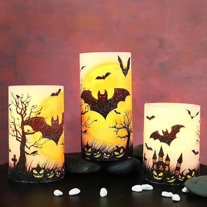 Halloween Decorations LED Candles with Bats Moon Big House Pumpkin Battery Operated Remote Timer Dim Glitter Design Real Wax Realistic Flickering Flameless Pillar for Horror Spooky Decor-VerdiqueGarden