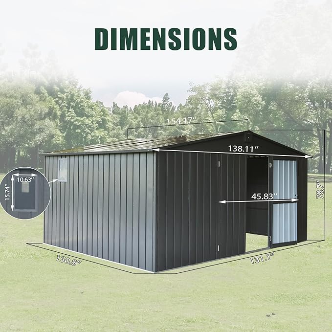 Domi Outdoor Storage Shed 11' x 12.5', Metal Sheds Steel Utility Tool Storage House with Double Lockable Doors & Air Vents for Patio Garden Lawn Backyard, Dark Gray-VerdiqueGarden