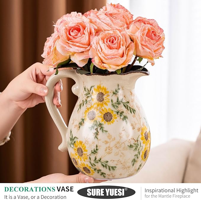 Sunflower Vintage Ceramic Yellow Floral Vase with Handle, Chinoiserie Floral Pitcher Vase, Rustic Ceramic Farmhouse Vases for Home Decor, Living Room, Bookshelf, Office, Grand Millennial Decor 7.9 in-VerdiqueGarden