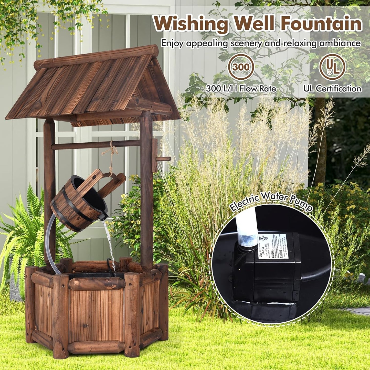 Tangkula Outdoor Wishing Well Water Fountain, Old-Fashioned Wood Waterfall Fountain w/Bucket Pump, Rustic Farmhouse Decoration for Garden, Backyard, 46 Inch Tall (20" x 23" x 46")-VerdiqueGarden