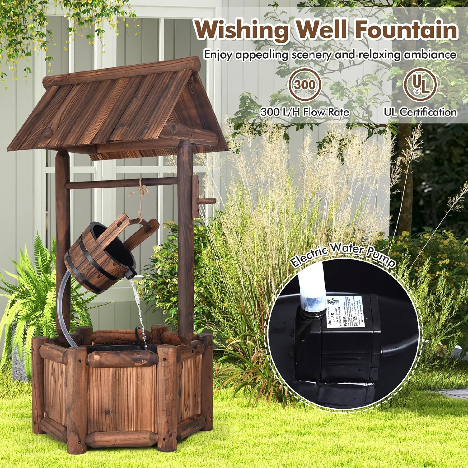 Tangkula Outdoor Wishing Well Water Fountain, Old-Fashioned Wood Waterfall Fountain w/Bucket Pump, Rustic Farmhouse Decoration for Garden, Backyard, 46 Inch Tall (20" x 23" x 46")-VerdiqueGarden
