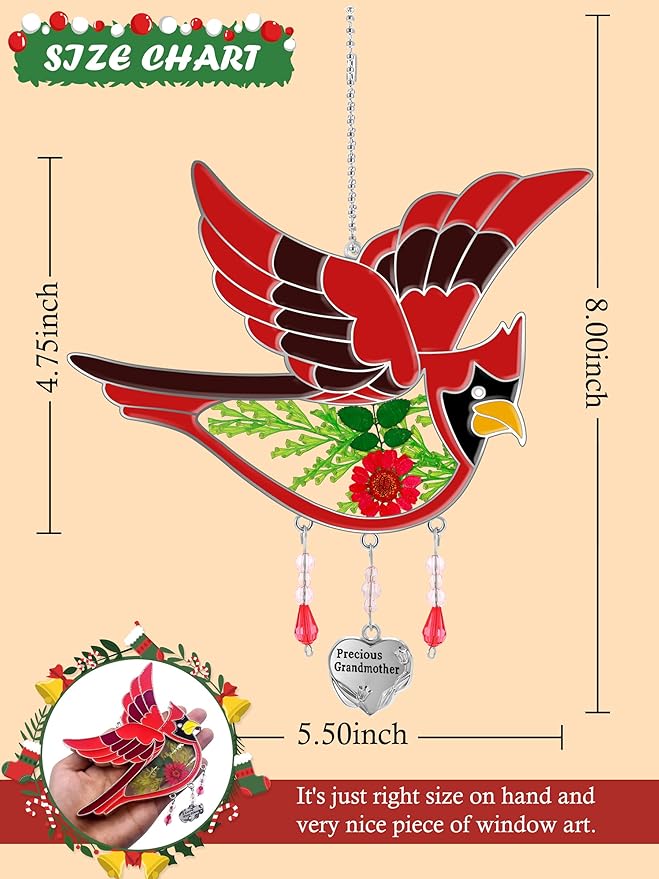 KY&BOSAM Cardinal Suncatcher Precious Grandmother Glass Hanging for Windows Wind Chime Ornament with Pressed Real Flowe and Heart Charm Birthday Gifts for Women Mother's Day Christmas-VerdiqueGarden
