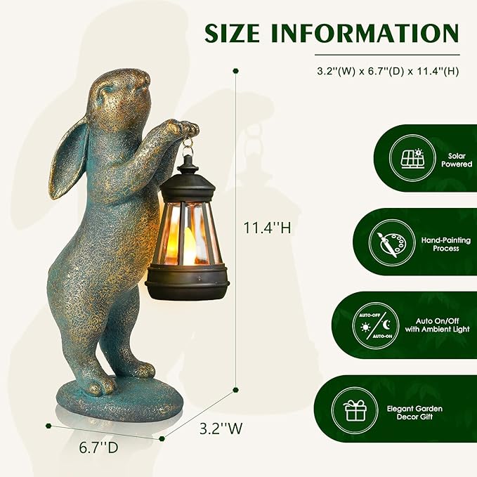 MININOVA Garden Statues Rabbit with Solar Lantern Outdoor Bunny Figurines Decorations for Patio Yard Lawn Ornaments Gifts for Birthday Easter Housewarming-VerdiqueGarden
