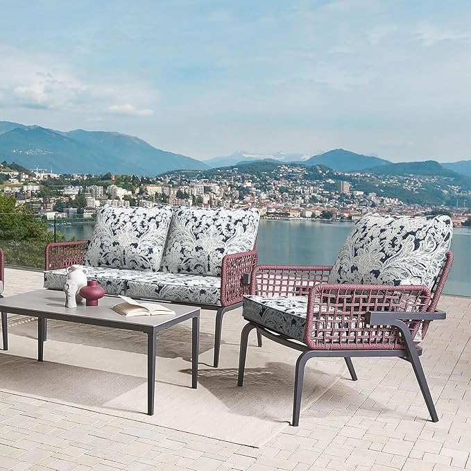 LVTXIII Outdoor/Indoor Deep Seat Cushion Patio Seat and Back Cushion Set All-Weather Replacement Chair Cushion for,Wicker Chairs and Garden Furniture Decoration, 24"x24"x4", Damask Lapis-VerdiqueGarden