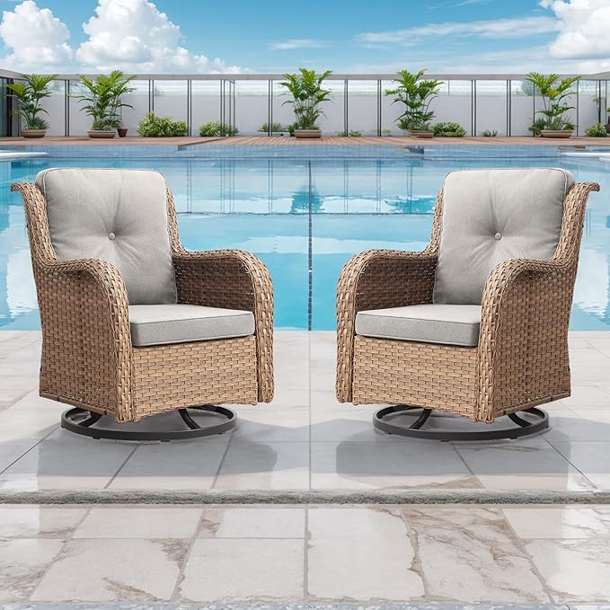 Outdoor Patio Swivel Rocker Chairs - Wicker Rattan Patio Swivel Rocking Chairs Set of 2 with High Back,Deep Seating and Comfort Cushions for Deck Porch Garden,Yellow/Beige-VerdiqueGarden
