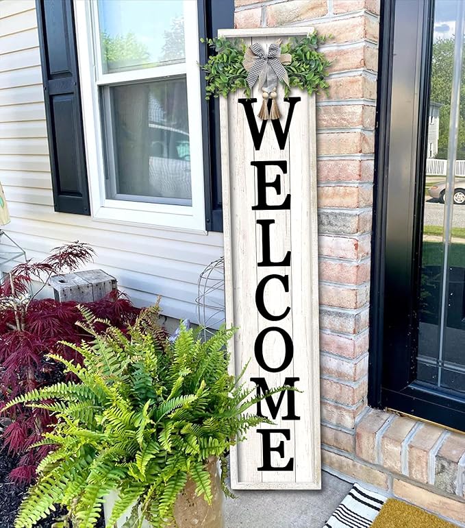 Welcome Sign for Front porch Standing 45"X9"Large Wood Frame Outdoor Tall Welcome Signs Vertical Decor for Farmhouse Rustic Home Modern Outside Front Door Wall Decorations (White)-VerdiqueGarden