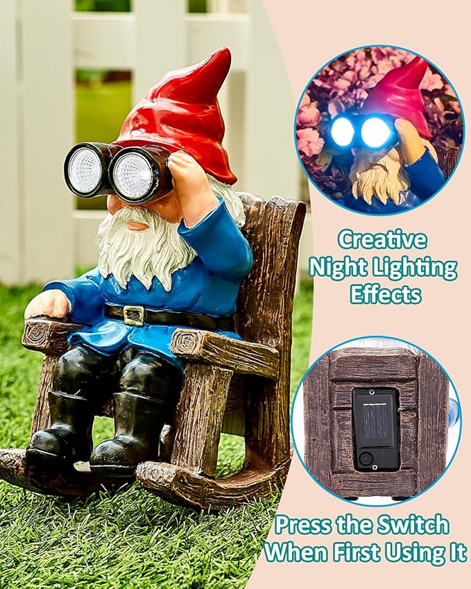 Solar Garden Gnome Statues Resin Gnome Figurines Sitting on Rocking Chair Outdoor Telescope Gnome Gifts for Yard, Patio Decor Gift-VerdiqueGarden