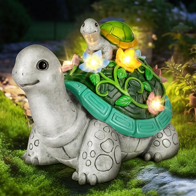 LESES Garden Statues, Turtle Solar Statue Garden Decor Clearance, Cute Turtle Figurines with Baby & 7 LED Solar Lights Lawn Decorations for Patio Yard Gifts for Mom Grandma Housewarming-VerdiqueGarden