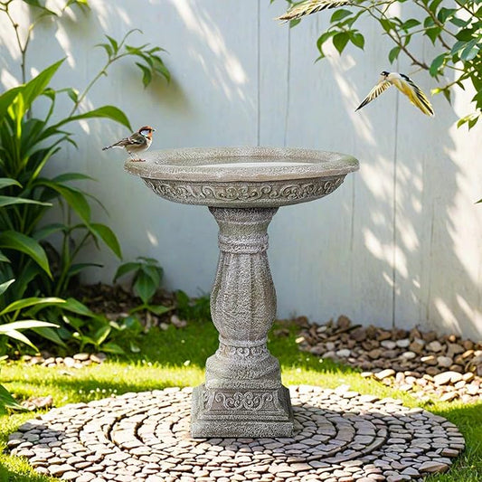 SunJet 23.8” H x 20” Dia Outdoor Birdbath with Exquisite Carvings Pedestal - Fibre Reinforced Concrete Birdbaths, Neoclassical Style Design for Garden Decor & Bird Attraction-VerdiqueGarden