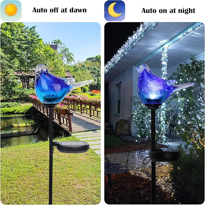 Afirst Solar Bluebird Garden Stake Lights - Hand Blown Glass Decorative Garden Pathway Lights Outdoor Waterproof Bird Glass Stakes-VerdiqueGarden