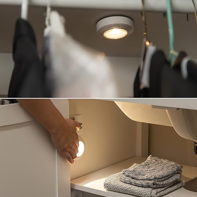 Amazon Basics LED Puck Lights, Battery Operated, 50 Lumens 2 Pack, Tap Light, Stick on Lights, Under Cabinet Lighting, Ideal for Kitchen Cabinets, Closets, Garage and More, White-VerdiqueGarden