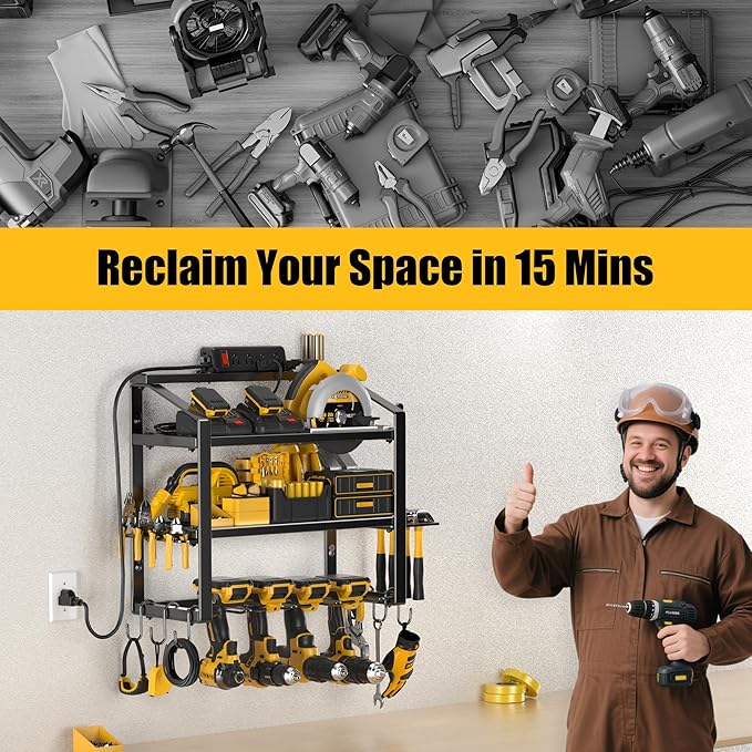Power Tool Organizer With Charging Station, Heavy Duty Steel 4 Slots, Tool Battery Holder with 4 Outlet Power Strip, Easy To Install Garage Storage Rack for Workshop/Shed Gift For Men-VerdiqueGarden