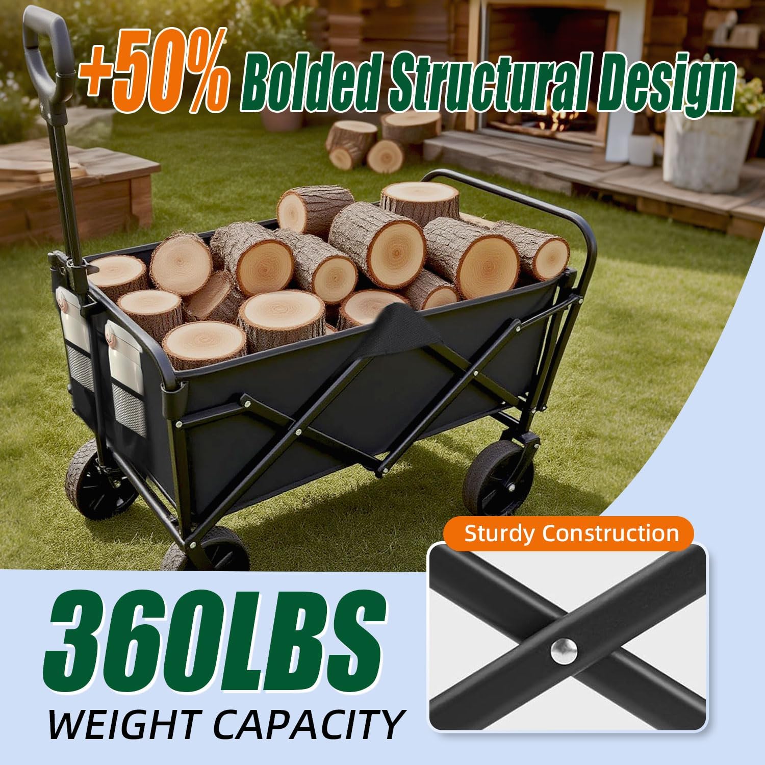 Collapsible Wagon Cart Foldable 360lbs Capacity, Lightweight Portable Beach Wagon, Shopping Carts with Wheels for Grocery, Camping, Shopping, Beach, Fishing, Garden Cart-VerdiqueGarden