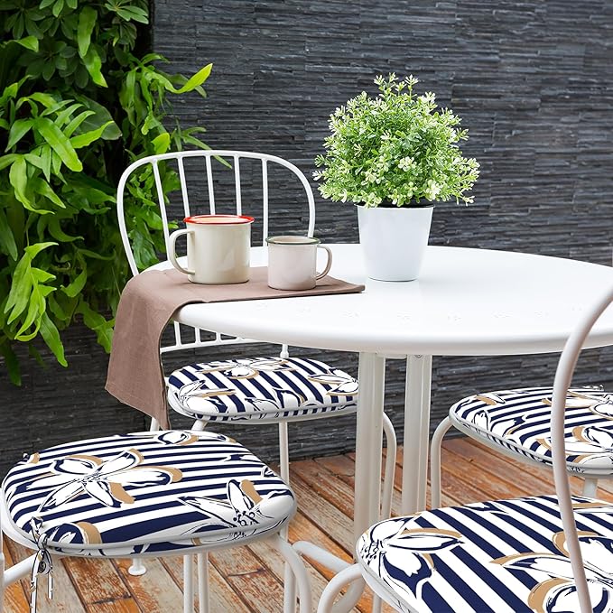 Indoor/Outdoor Chair Cushions 16x17 Inch, Patio Chair Cushions with Ties, All Weather Seat Cushions for Patio Furniture Home Garden Chair Use, Set of 4, Clemens Cabana Navy-VerdiqueGarden
