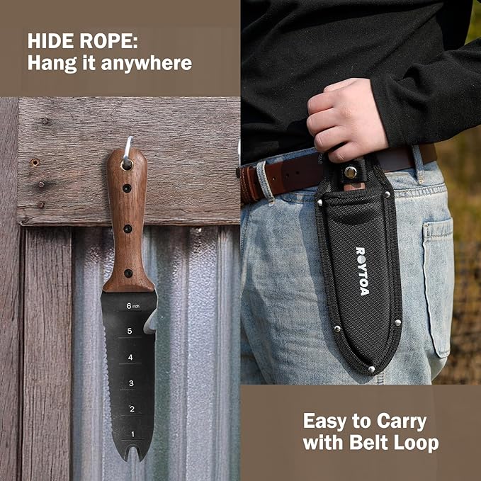 Hori Hori Garden Knife, Garden Tools with Sheath for Weeding,Planting,Digging, 7" Stainless Steel Blade with Cutting Edge, Full-Tang Wood Handle with Hanging Hole-VerdiqueGarden