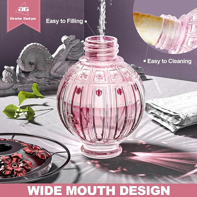 Glass Hummingbird Feeder for Outdoors Hanging, Bird Nectar Feeder with Perch & 5 Flower Feeding Ports, 26 Oz Leak Proof for Outside Garden Decor Backyard, Gifts for Women Mom, Pink-VerdiqueGarden