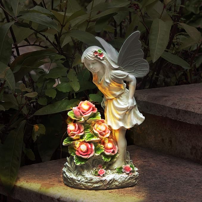 Garden Figurines Angel Garden Statue Outdoor Decor, Solar Powered Resin Sculpture with 5 LEDs Art Decoration for Patio Lawn Yard Porch, Ornament Housewarming Garden Gift, 12.8 x 7.5 x 6.1 Inch-VerdiqueGarden