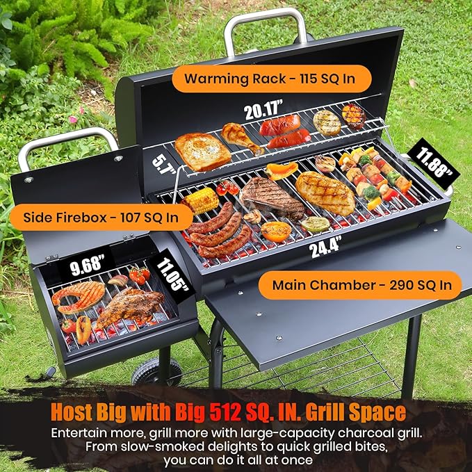 Charcoal Grill Offset Smoker: Charcoal Barbecue Grills with Spacious Cooking Area | Barrel BBQ Grill and Smokers Combo for Outdoor Patio Backyard Camping and Parties-VerdiqueGarden