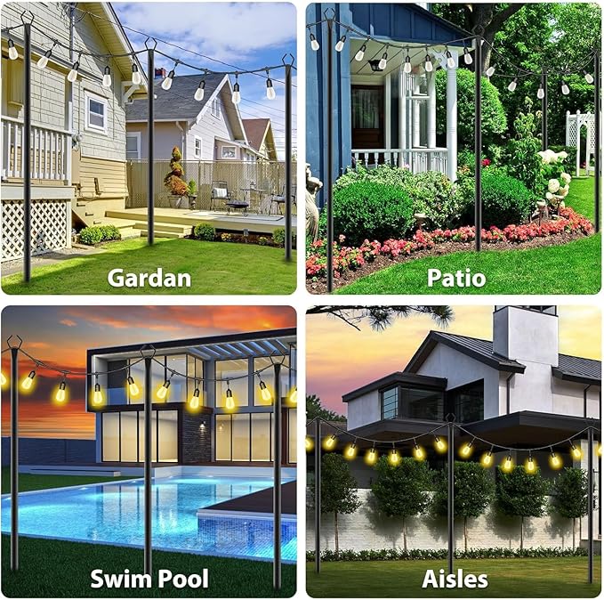 10Ft String Light Poles 2 Pack,Light Poles for Outside Lights,Outdoor with Fence Brackets Hanging Lights,Metal Stand Deck Patio Backyard-VerdiqueGarden