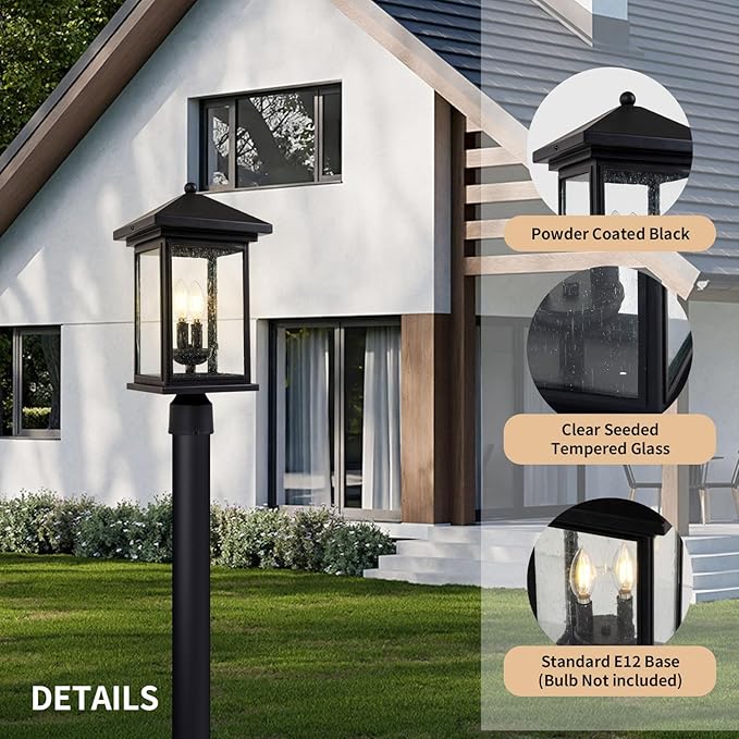 Outdoor Post Light, Waterproof Pole Lantern Lighting Fixture with Tempered Clear Seeded Glass, Matte Black Finish for Outdoors (Large Post Light)-VerdiqueGarden