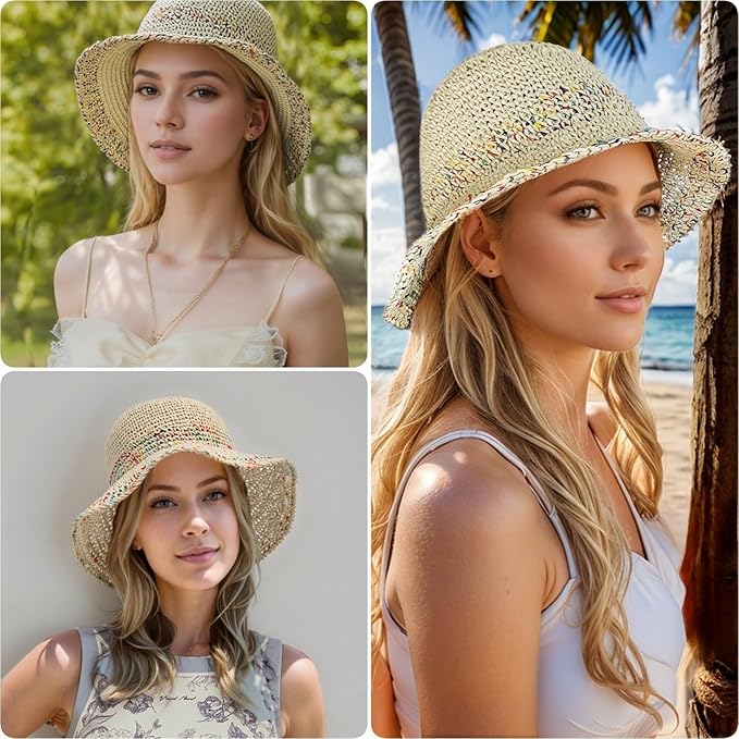 Floppy Big Beach Straw Hats for Women Foldable Summer Wide Brim Packable Sun Hat Womens Travel Straw Fedora Hat-VerdiqueGarden