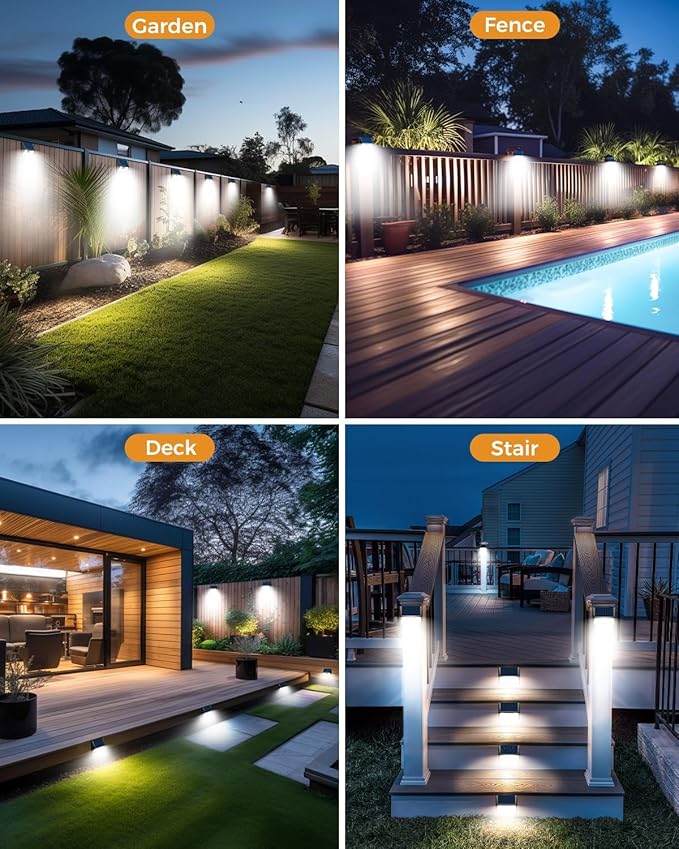 4 Pack Solar Motion Lights Outdoor, Waterproof Fence Lights Solar Powered with 3 Lighting Mode, Cold White LED Step Light for Outside Wall Yard Deck Stairs Garden - Black-VerdiqueGarden
