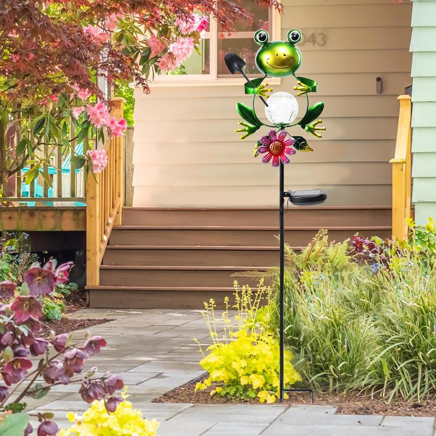 Afirst Solar Lights Outdoor Decorative Metal Frog Crackle Glass Globe Warm White LED Metal Waterproof Garden Stake Lights for Walkway Pathway Lawn Patio Yard Decorations-VerdiqueGarden