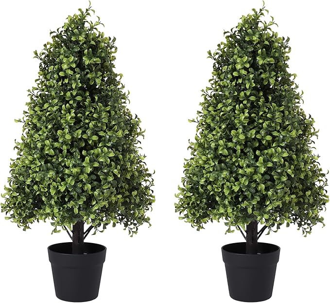 30" Artificial Boxwood Topiary Trees Outdoor Set of 2 - UV Resistant Faux Plants for Front Porch Outside Planter, Realistic Fake Cone-Shaped Bushes & Shrubs 2.5ft-VerdiqueGarden