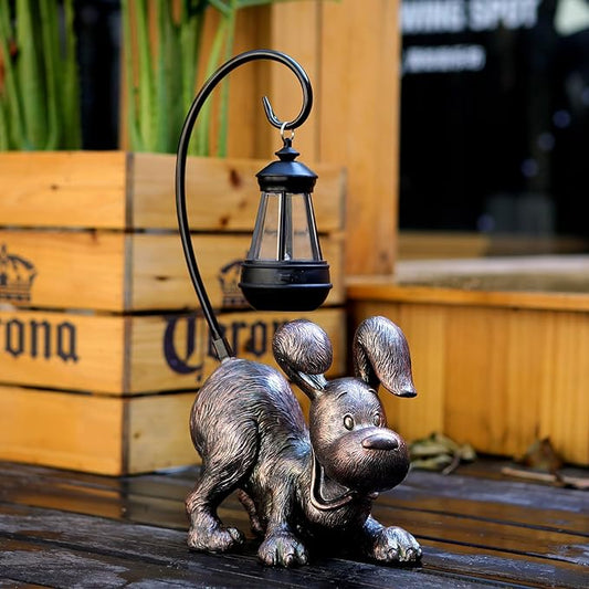 Laughing Dog Figurine with Solar-Powered LED Light 15.9 Inches Tall Antique Bronze, Perfect for Gift Garden Decor or Housewarming for Dog Lovers-VerdiqueGarden