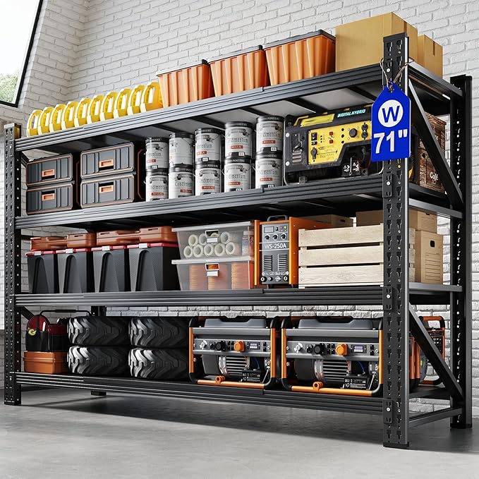 Yizosh 71" W Metal Garage Storage Shelves,5000LBS Heavy Duty 4-Shelf Adjustable Steel Organization Shelving,Utility Rack Shelf,71" W x 24" D x 69" H for Basement,Warehouse,Industrial-VerdiqueGarden
