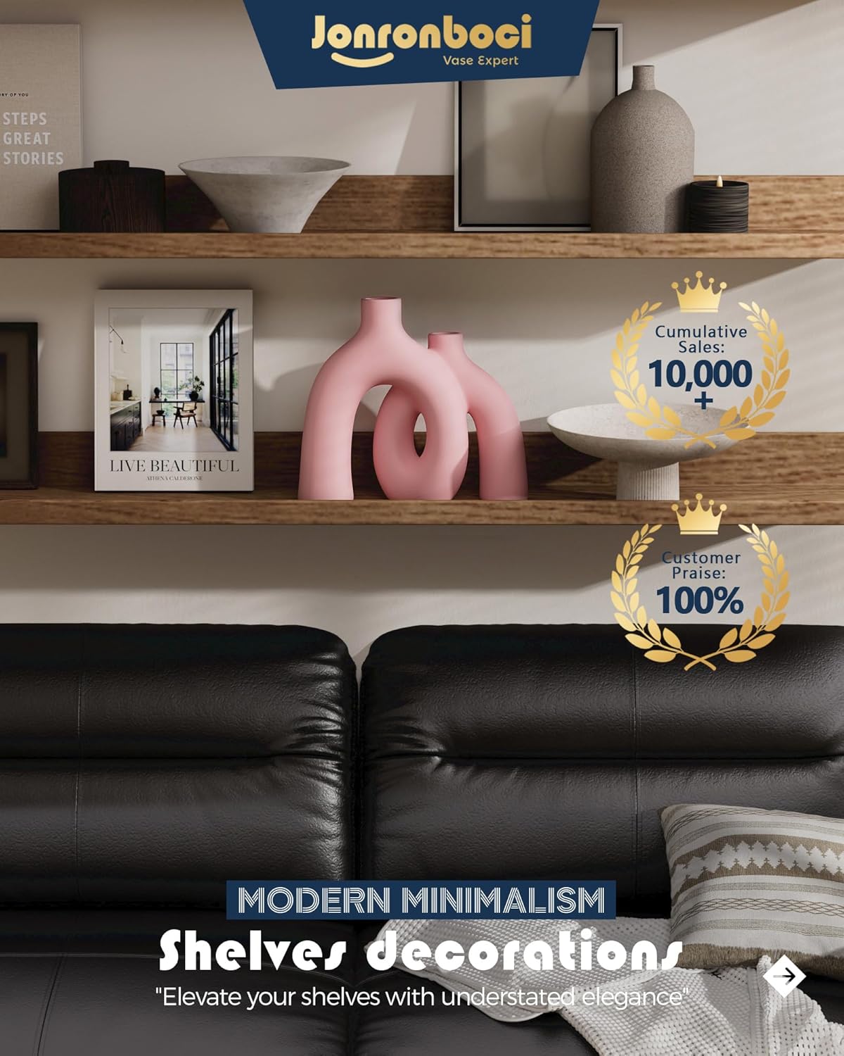 Hug Donut Decorative Vase Set - Light Pink Modern Glam Eclectic Style Vases Home Decor, Matte Ceramic Decorations for Living Room Shelf, Bookshelf Mantle Entryway Table or Console Décor(Pink)-VerdiqueGarden